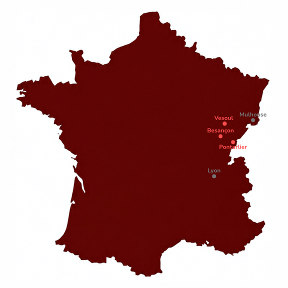 Carte de la zone d'implantation de CapExpertis en Franche-Comté, de Mulhouse à Lyon, avec Besançon, Vesoul et Pontarlier